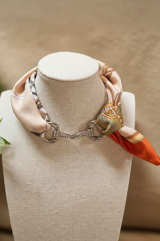 Blush cream equestrian print silk scarf necklace with silver rhinestone snaffle bit pendant