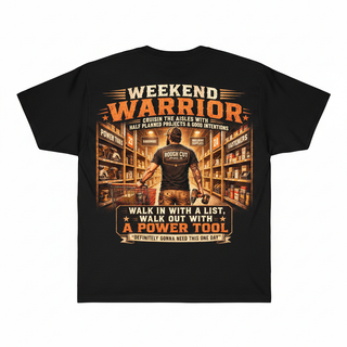 Weekend Warrior graphic tee by Rough Cut Apparel Co. - flat lay on white background