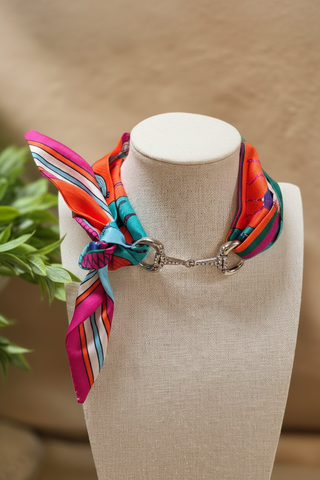 Multicolor striped silk scarf necklace with silver equestrian snaffle bit pendant