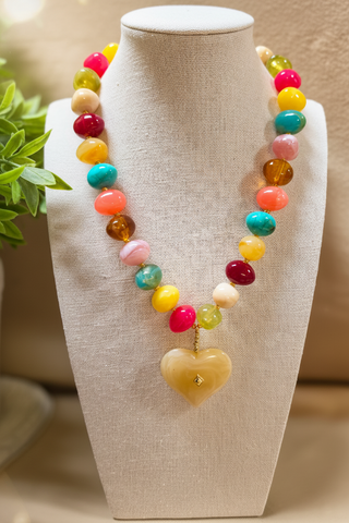 Beaded Necklace with Heart Charm- Multi