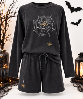 Rhinestone Spiderweb Mineral Wash Two-Piece Lounge Set