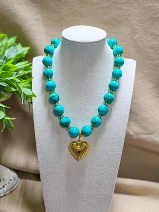Turquoise Heart Charm Beaded Necklace